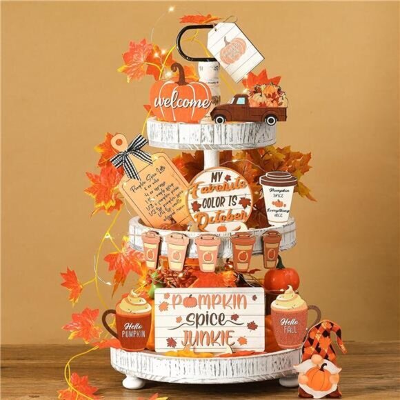 14 Pcs Fall Pumpkin Tiered Tray Drinking Coffee‎ Rustic Farmhouse Home Decor Set - Picture 1 of 6